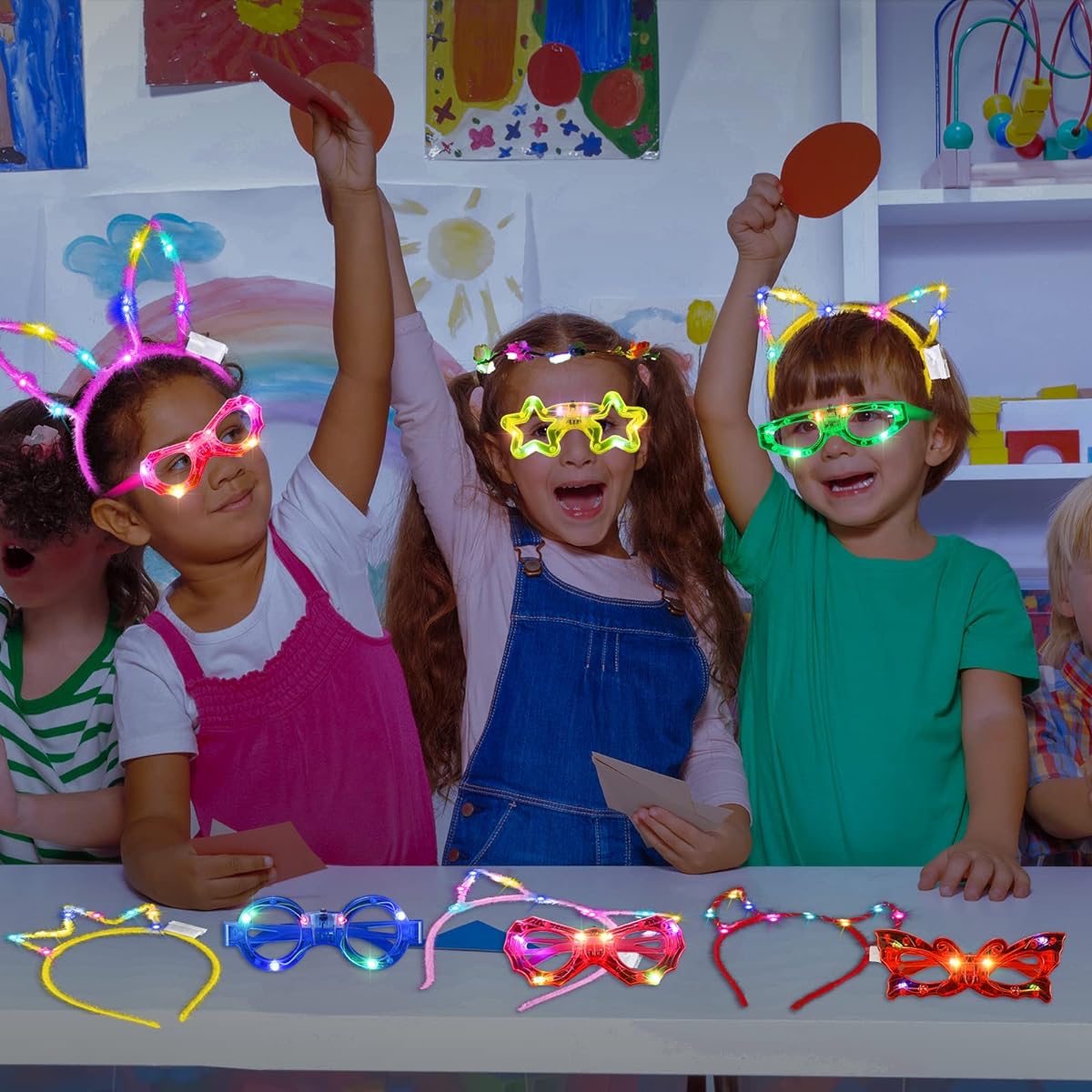 Glow in the Dark Party Supplies Set, 50pcs LED Light Up Glasses for Kids, Neon Party Favors, 5pcs Luminous Flower Crown Headbands, Cat Bunny Ear Crown, Horn Headband, 20pcs Headbands for Festival Accessories