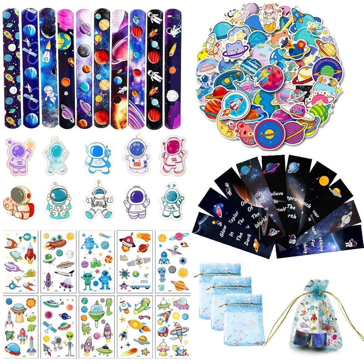 Space Theme Party Supplies Slap Bracelets Tattoo Stickers Badges Bookmarks Baby Shower Return Gifts Solar System Planets Astronaut Toys Alien Birthday Party Favors Goodie Bag Stuffers 110pcs