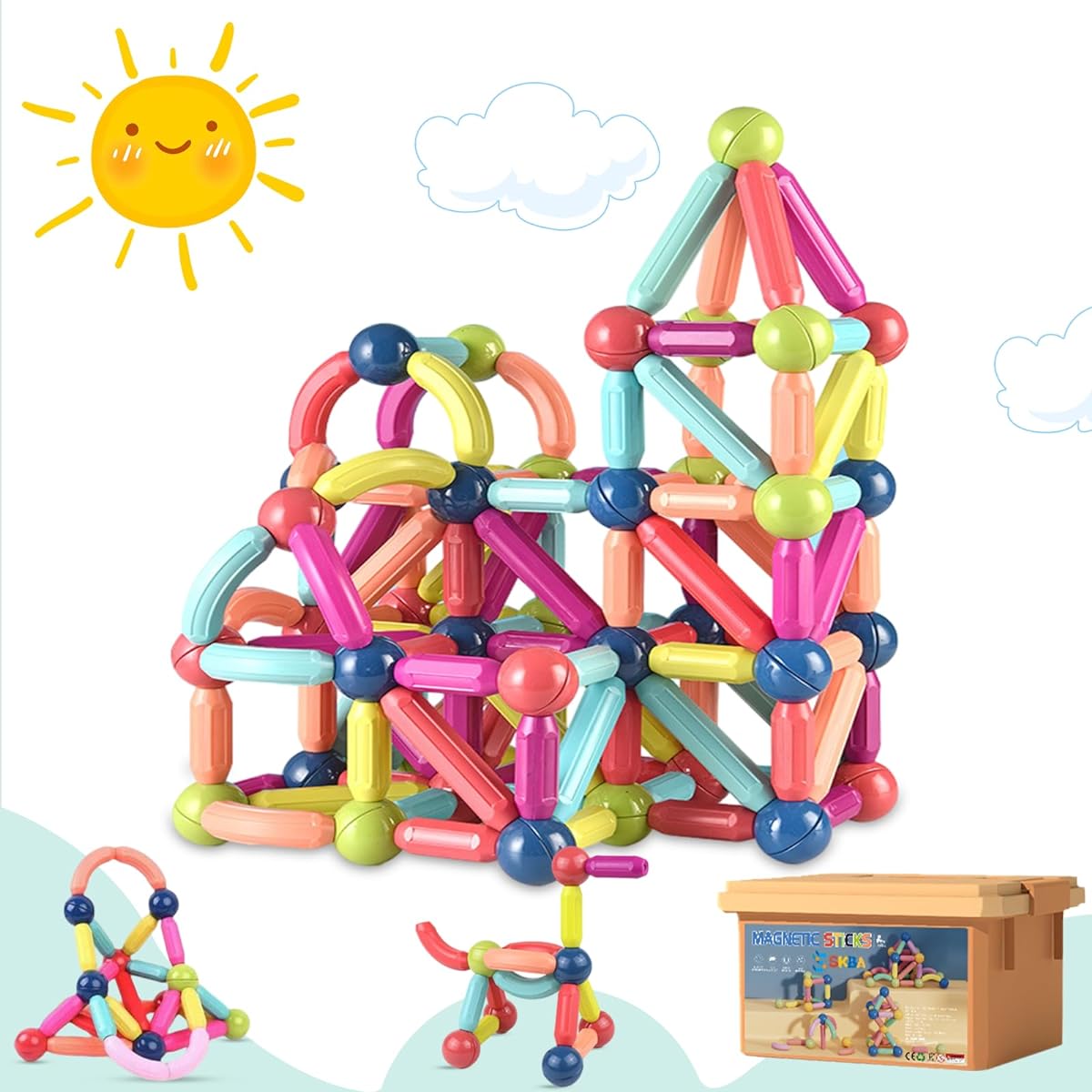 SKBA Magnetic Blocks Building Toys Kids Toys STEM Magnetic Toys Toddler Preschool Sensory Montessori Toys for Boys and Girls Ages 3+ Large Magnetic Sticks with Storage Box