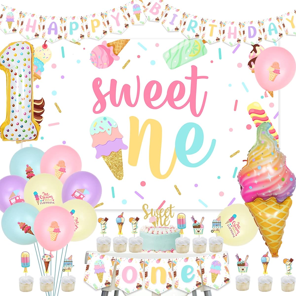 Ice Cream First Birthday Decorations for Girls - Sweet One Backdrop, Ice Cream Cupcake Toppers, Happy Birthday Banner, Highchair Banner, Balloons, Ice Cream Sweet One Birthday Party Decorations