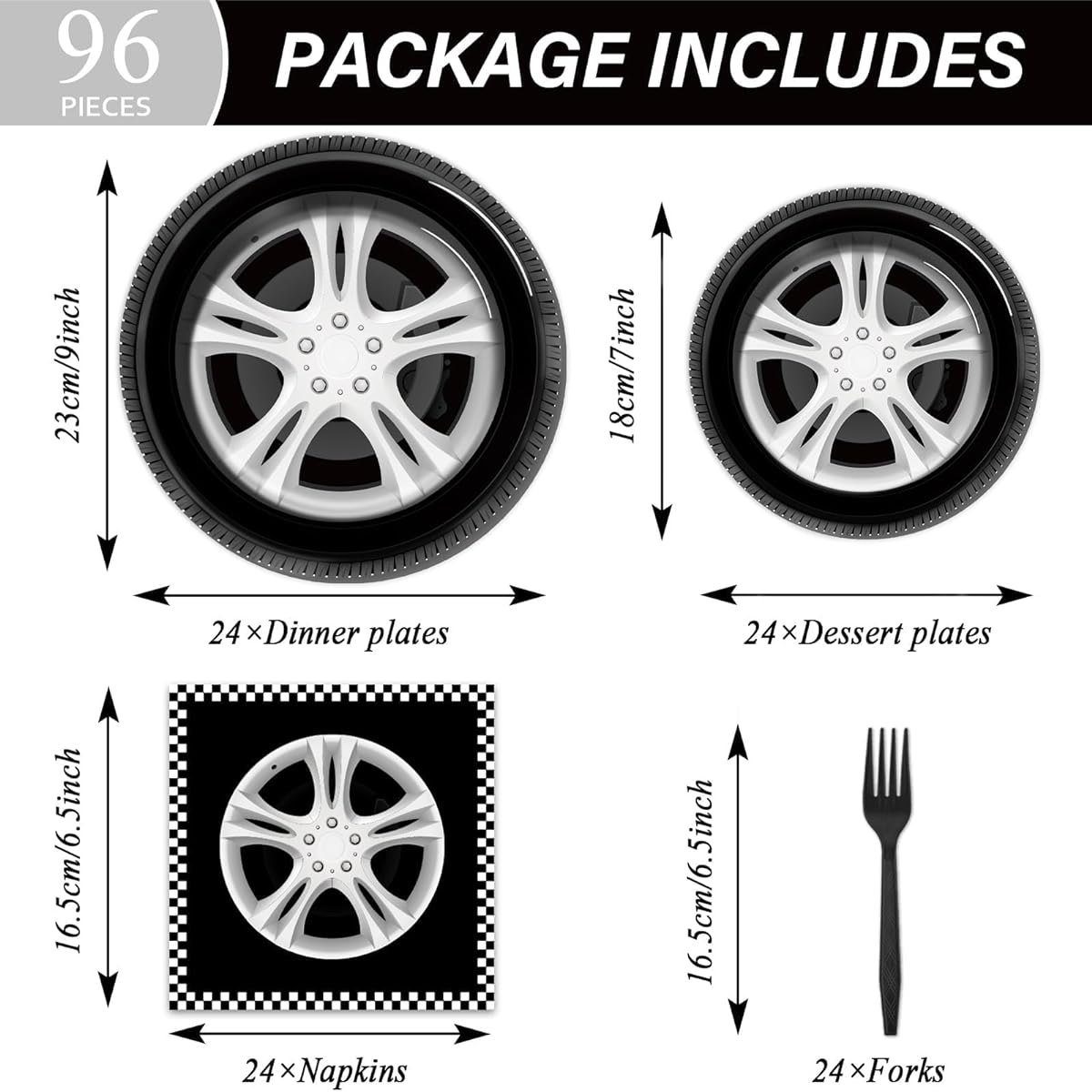 96 Piece Tire Tube Checkers Tableware Set, Race Sports Theme Tableware Decorations, Race Car Dessert Plates, Race Car Party Napkins, Forks, Serves 24, Race Car Birthday Party Favors