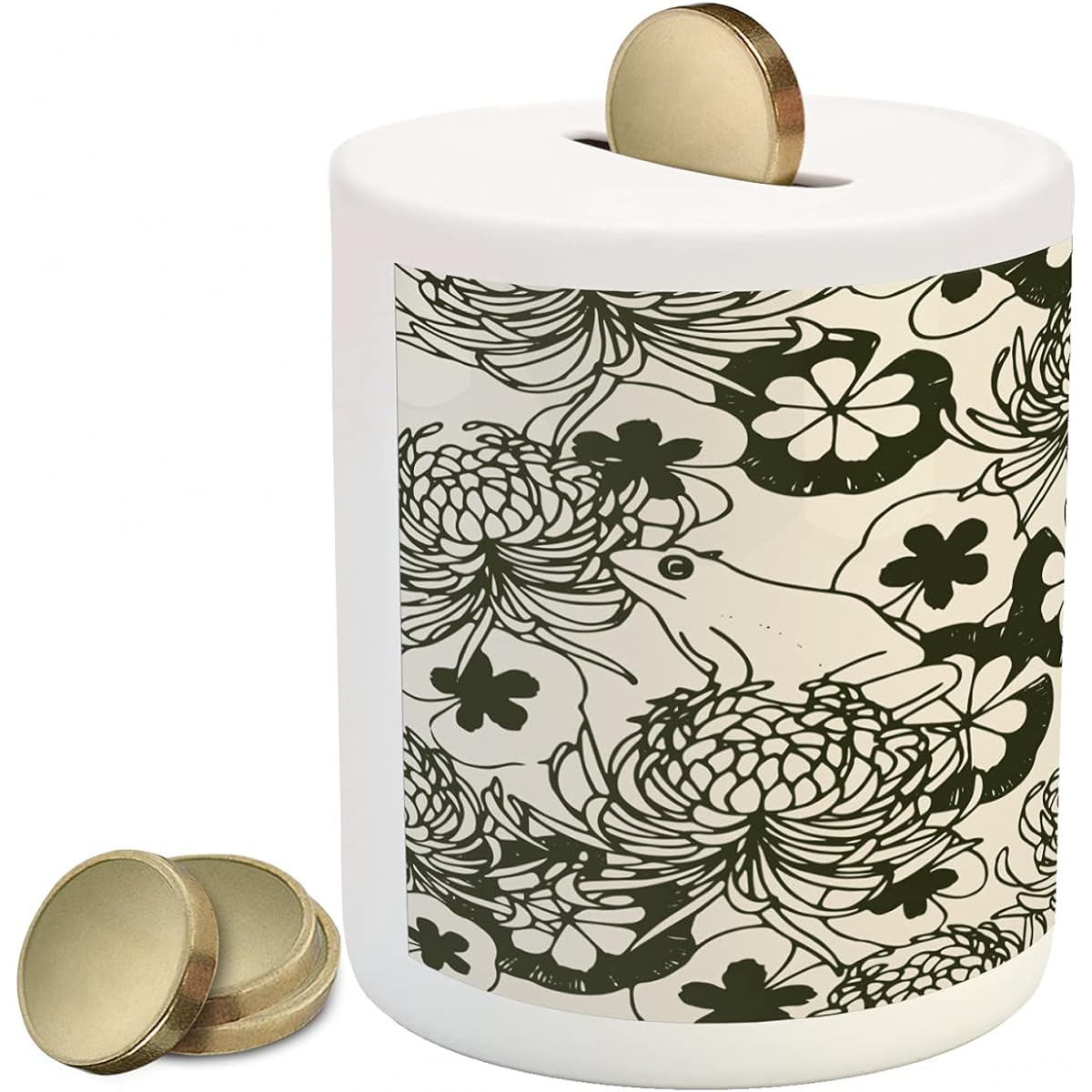Lunarable Floral Piggy Bank - Monochrome Illustration of Spring Pond Flowers and Frogs - Ceramic Coin Bank, Piggy Bank, 3.6" x 3.2", Eggshell, Dark Olive Green