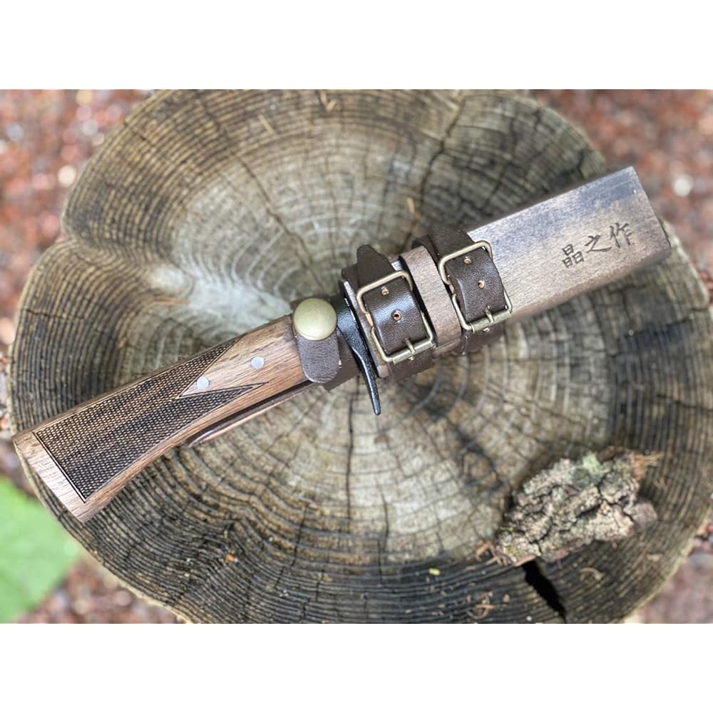 Akinosaku Tosa forged Damascus Mameyama play hatchet bip-801 waist hatchet, hammered polish, black brim ring, wooden handle oil stain checker, wood sheath oil stain/leather band button type Toyokuni sheath knife forged outdoor camping Tosa cutlery