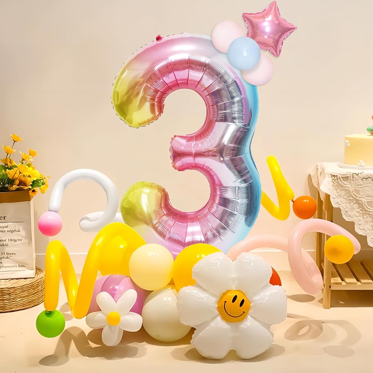 40" Giant Rainbow Number 3 Balloons Birthday Balloons Helium Mylar Foil Big Number Balloons for Birthday Party Decorations Kids Birthday Anniversary Party Baby Shower Unicorn Party