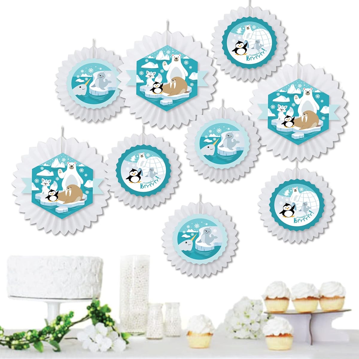 Big Dot of Happiness Arctic Animals - Hanging Winter Baby Shower or Birthday Party Tissue Decoration Kit - Paper Fans - Set of 9