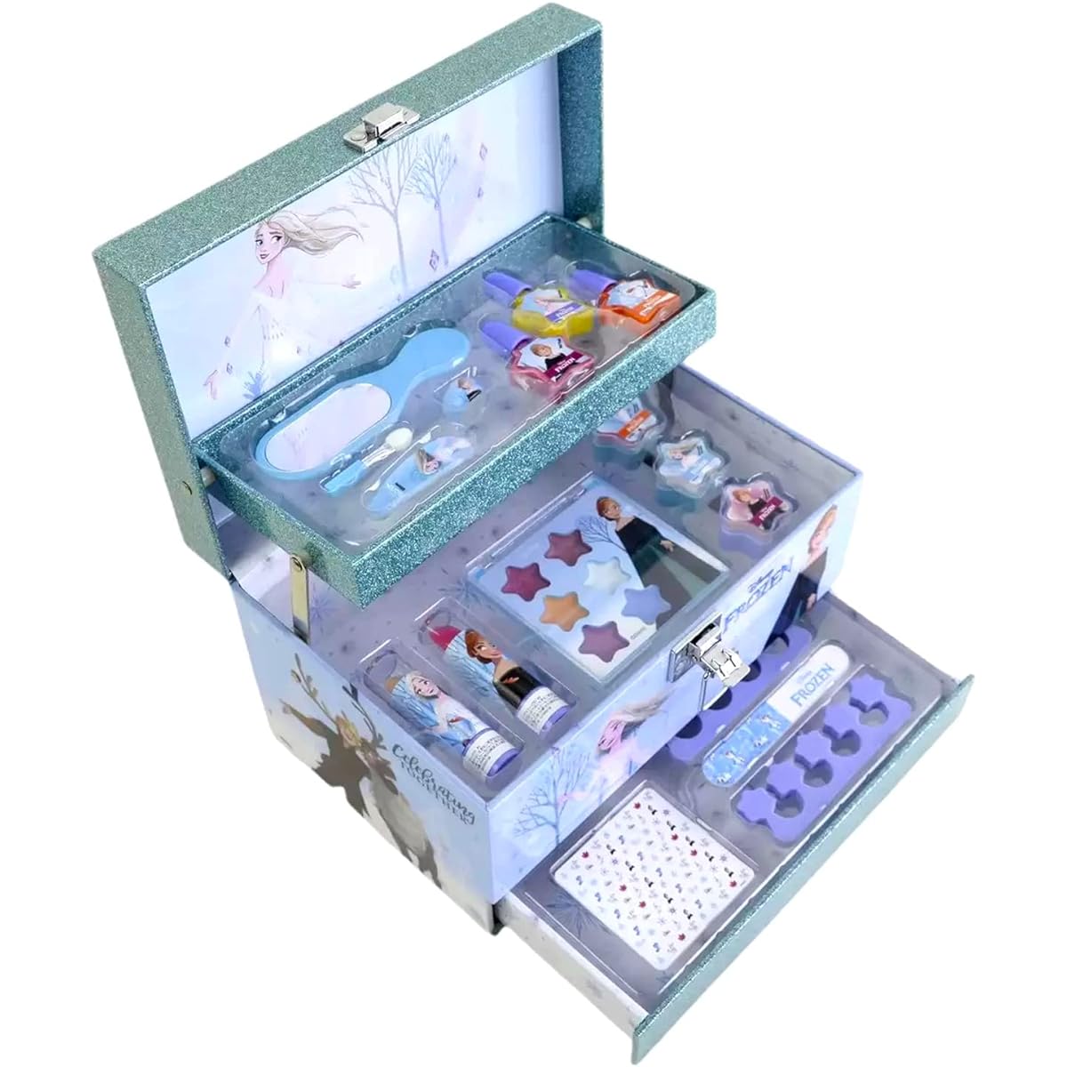 Disney Princess Frozen 2 Cosmetic set with handle for easy carrying, 23-piece set, Disney stickers included, kids' cosmetics, makeup set, cosmetics, cosmetic box, makeup box, kids, girls, kids, Frozen, Anna, Elsa