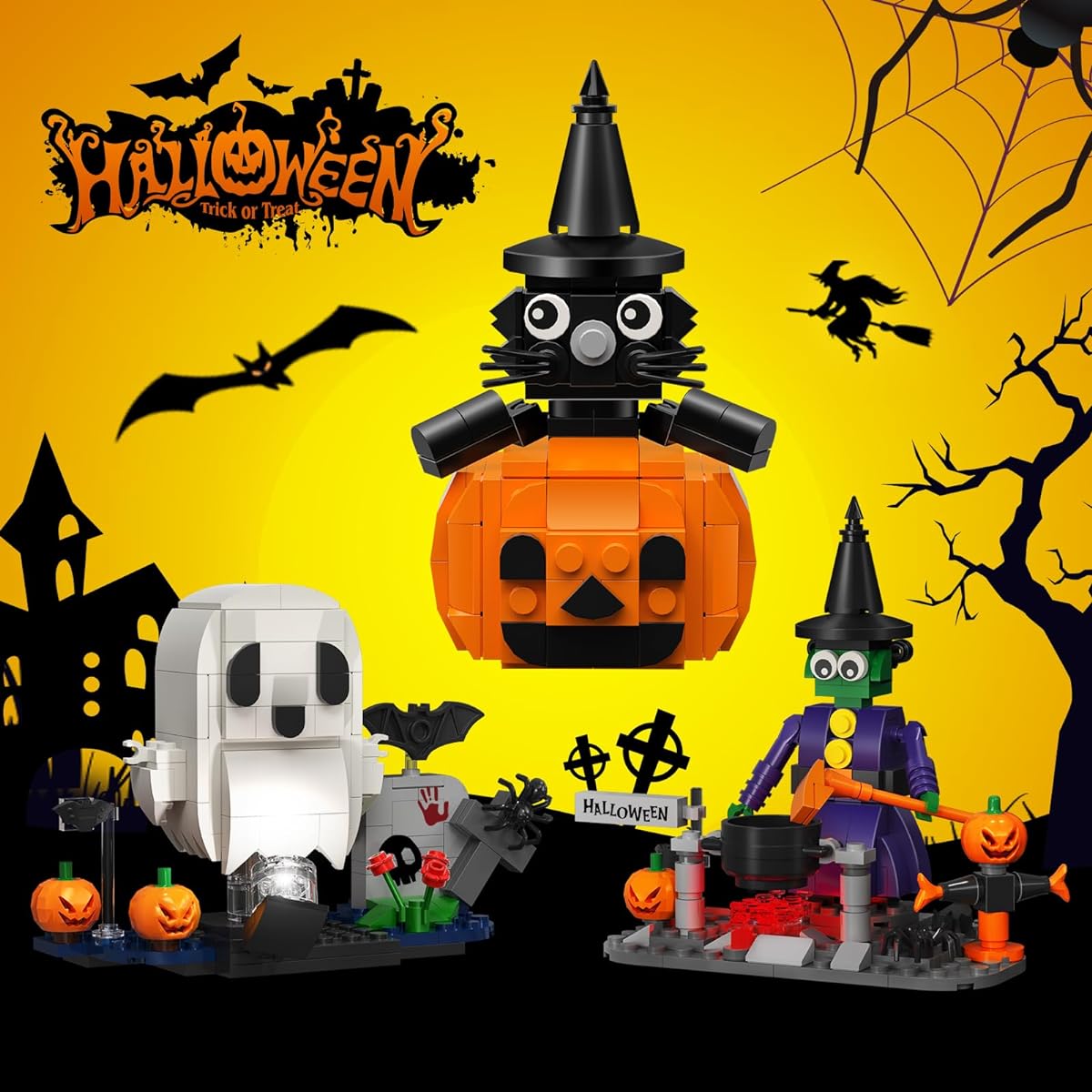 VONADO Halloween Ghost Witch Cat Pumpkin Assembly Kit Cute Halloween Party Gift with Lights for Kids Boys Girls 6-12 Years Old (473 Pieces)
