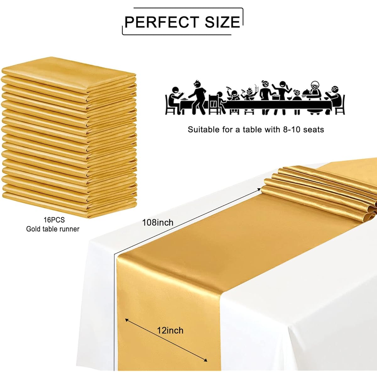Gold Satin Table Runners 12 x 108 Inch Satin Silk Table Runners for Rectangle Round Tables Wedding Birthday Party Banquet Thanksgiving Christmas Graduation Decorations Set of 16