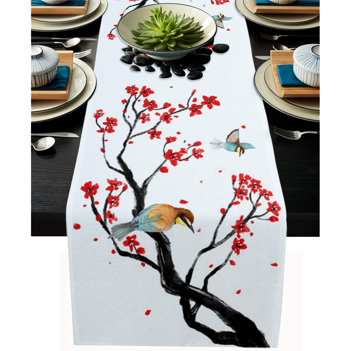 Linen Table Runner for Dining Table Bird Flower Chinese Style Spring Machine Washable Table Top Cover 13x48 Inch Home Kitchen Wedding Party Outdoor Decor