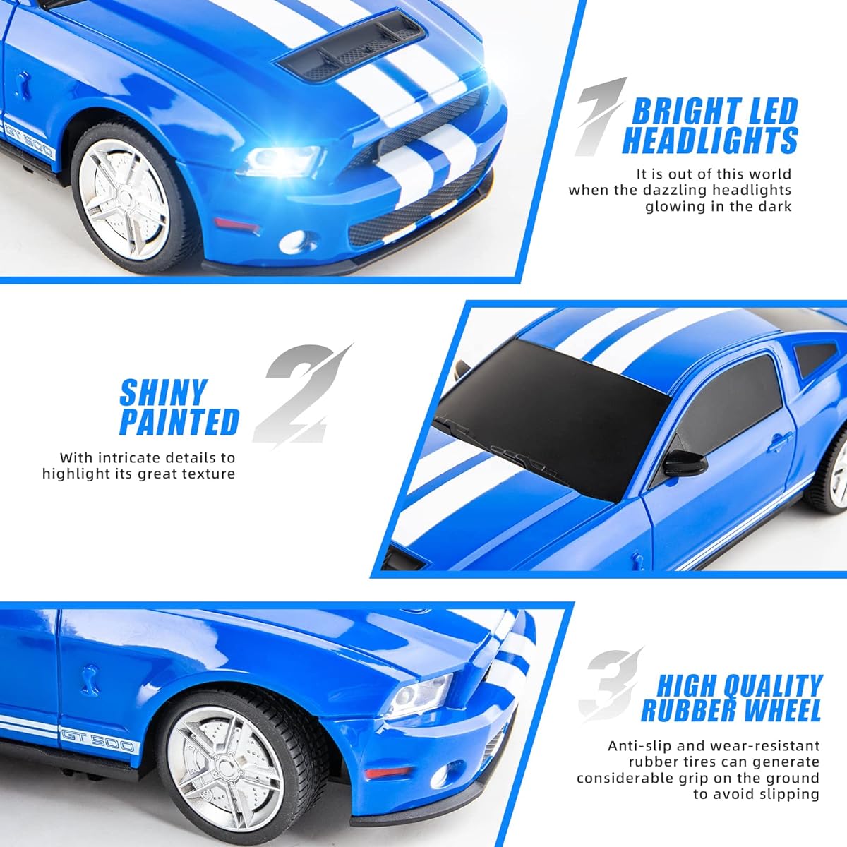 BDTCTK Remote Control 1/24 Ford Mustang Shelby GT500 RC Model Car for Kids and Adults, Blue