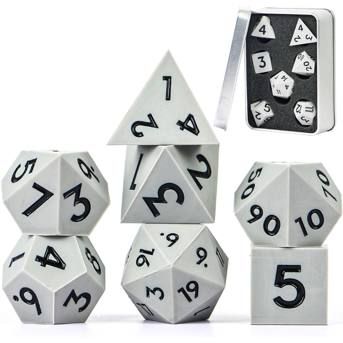 DND Dice Set Silicone DND 7 Piece Silicone Soft Rubber DND Dice with Beautiful Display Box Hand Faceted Black Numbers D&D Dice for Dungeons and Dragons RPG Tabletop Games Grey Black