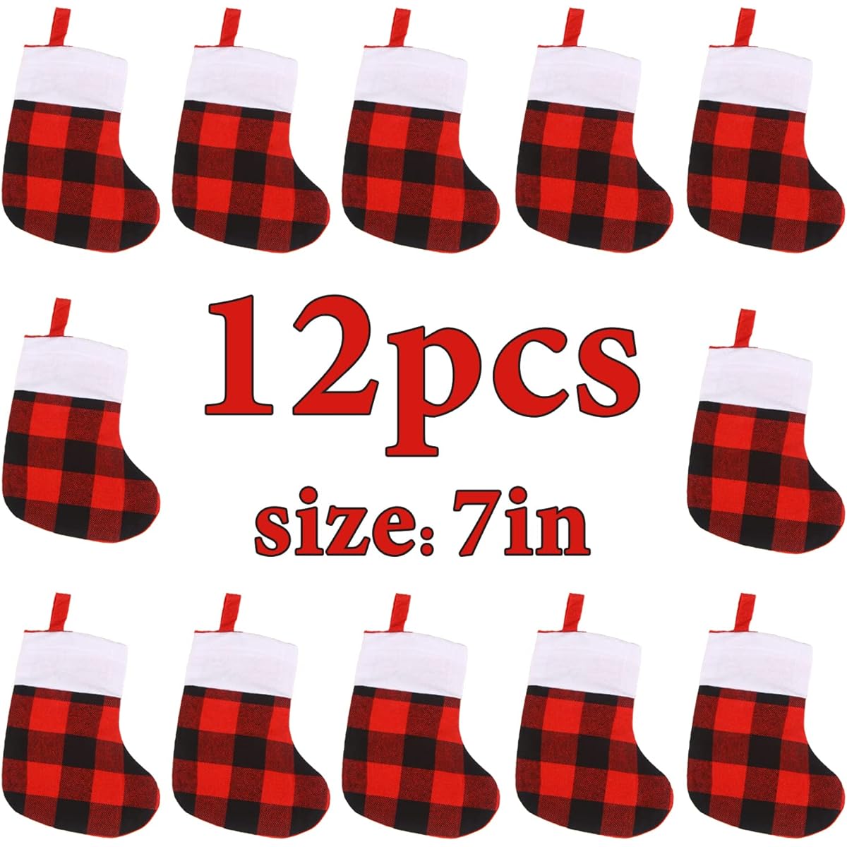 SULOLI 12 Pack Christmas Small Stockings Red and Black Buffalo Check Christmas Hanging Stockings with Plush Cuff for Christmas Party Tree Decorations