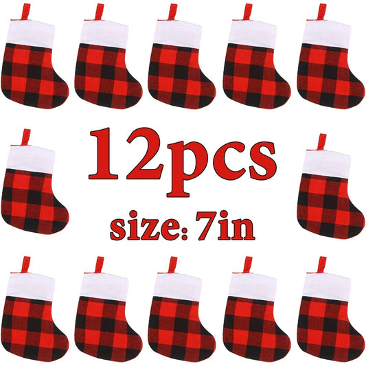 SULOLI 12 Pack Christmas Small Stockings Red and Black Buffalo Check Christmas Hanging Stockings with Plush Cuff for Christmas Party Tree Decorations
