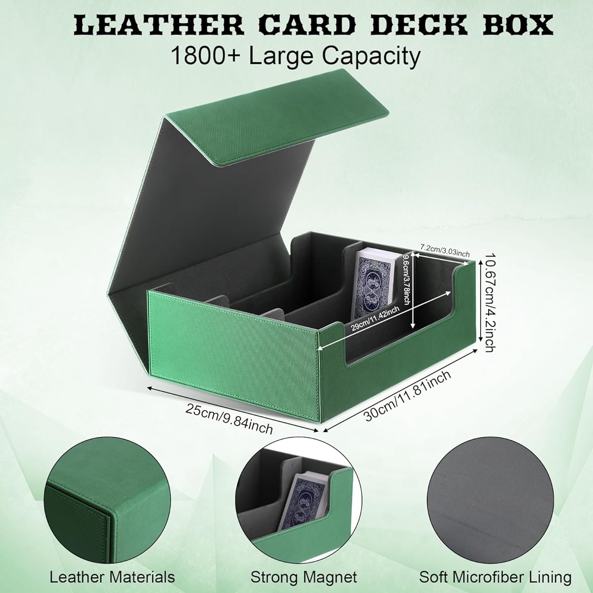 Clysee 1800+ PU Leather Card Deck Case Trading Card MTG TCG Card Case Protector Magnetic Closure Card Storage Box Holder (Green)