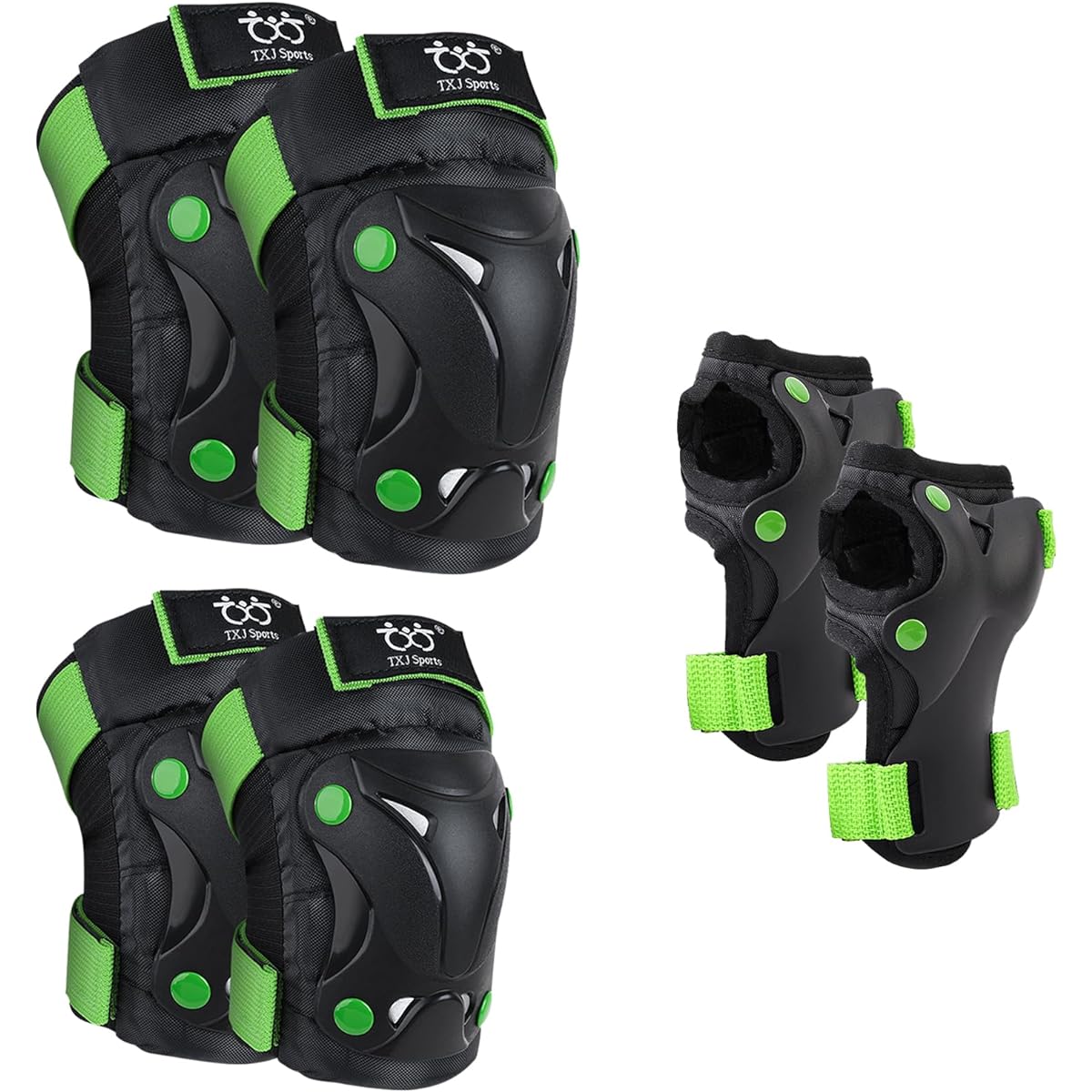 Kids/Adult/Youth Knee and Elbow Pads with Wrist Guards 3 in 1 Protective Gear Set for Skateboarding Cycling BMX Bike Scooter Skating Rollerblading Riding (Black Green, Medium (8-14 Years))