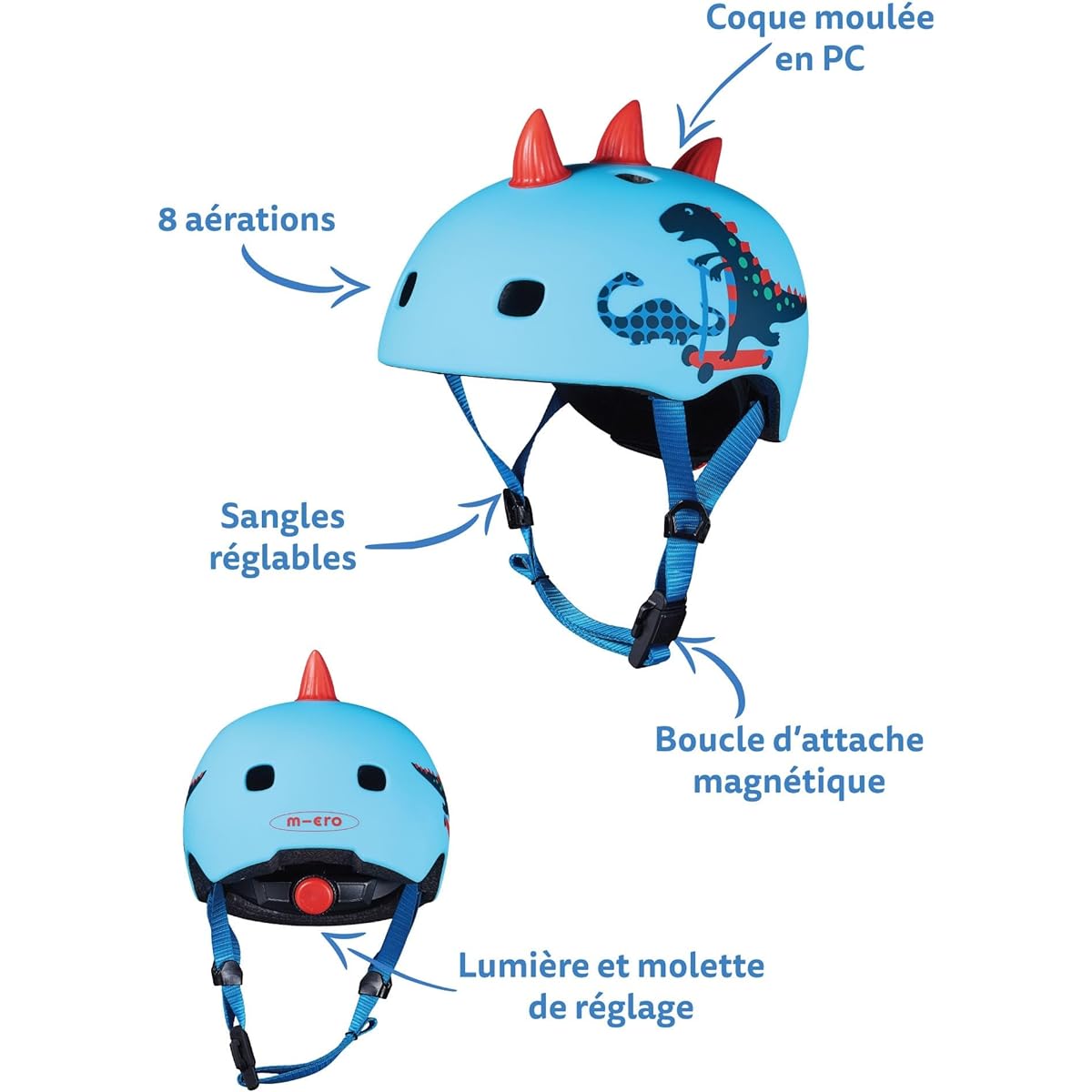 Micro Scooter (Genuine Product) Children's Helmet 3D Zaurus CE Certification Comes with Outer Box and LED Light 3D Design Helmet Kickboard Kick Scooter Kick Skater Tricycle Boys Girls 2 Years Old 3 Years Old 4 Years Old 5 Years Old