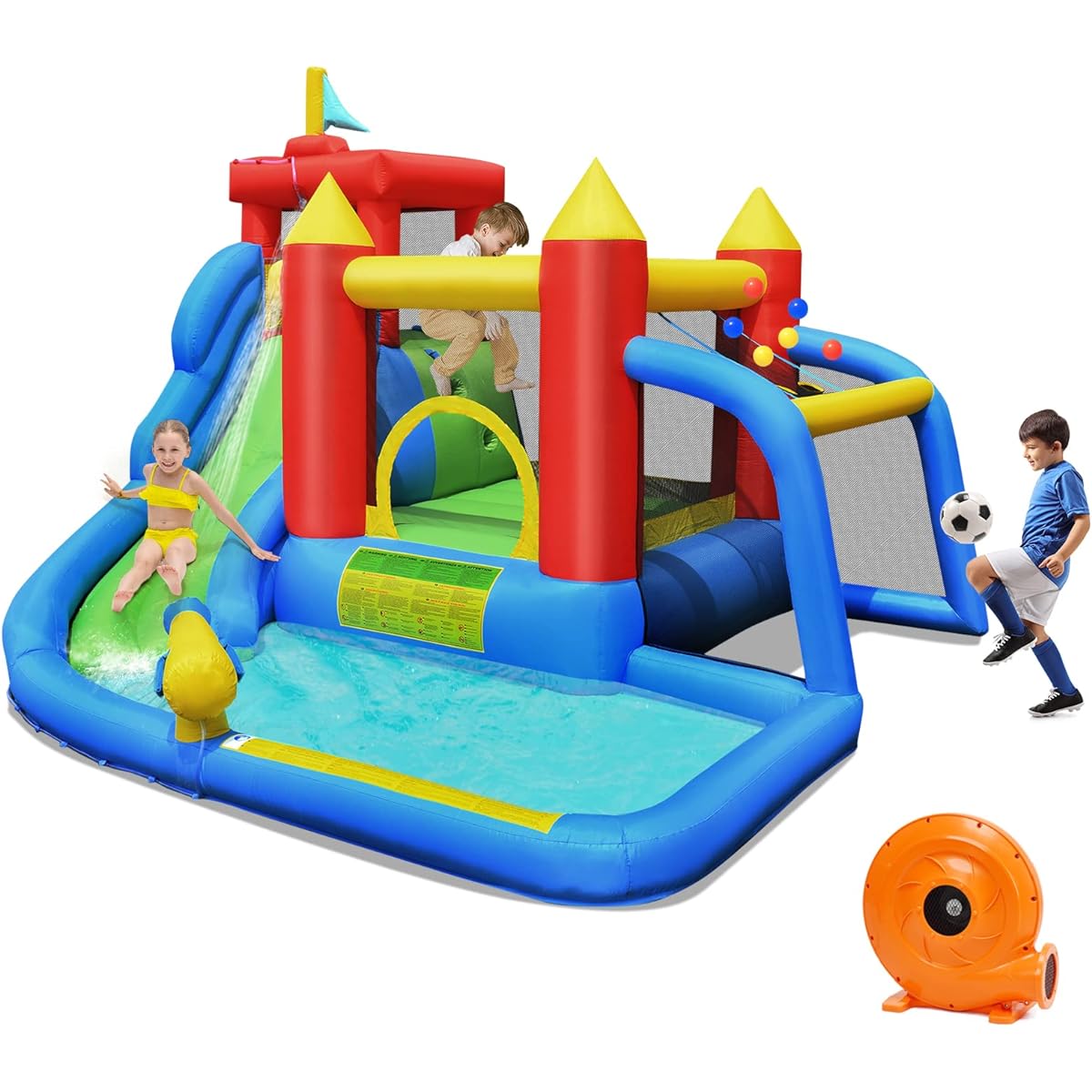 HONEY JOY Inflatable Water Slide Bounce House, 7 in 1 Kids Jumping Bouncy House w/Slide, Soccer Ball Gate, Climbing Wall, Splash Pool, Cannon, Outdoor Bombing Water Slide Park for Kids (740W Blower Included)