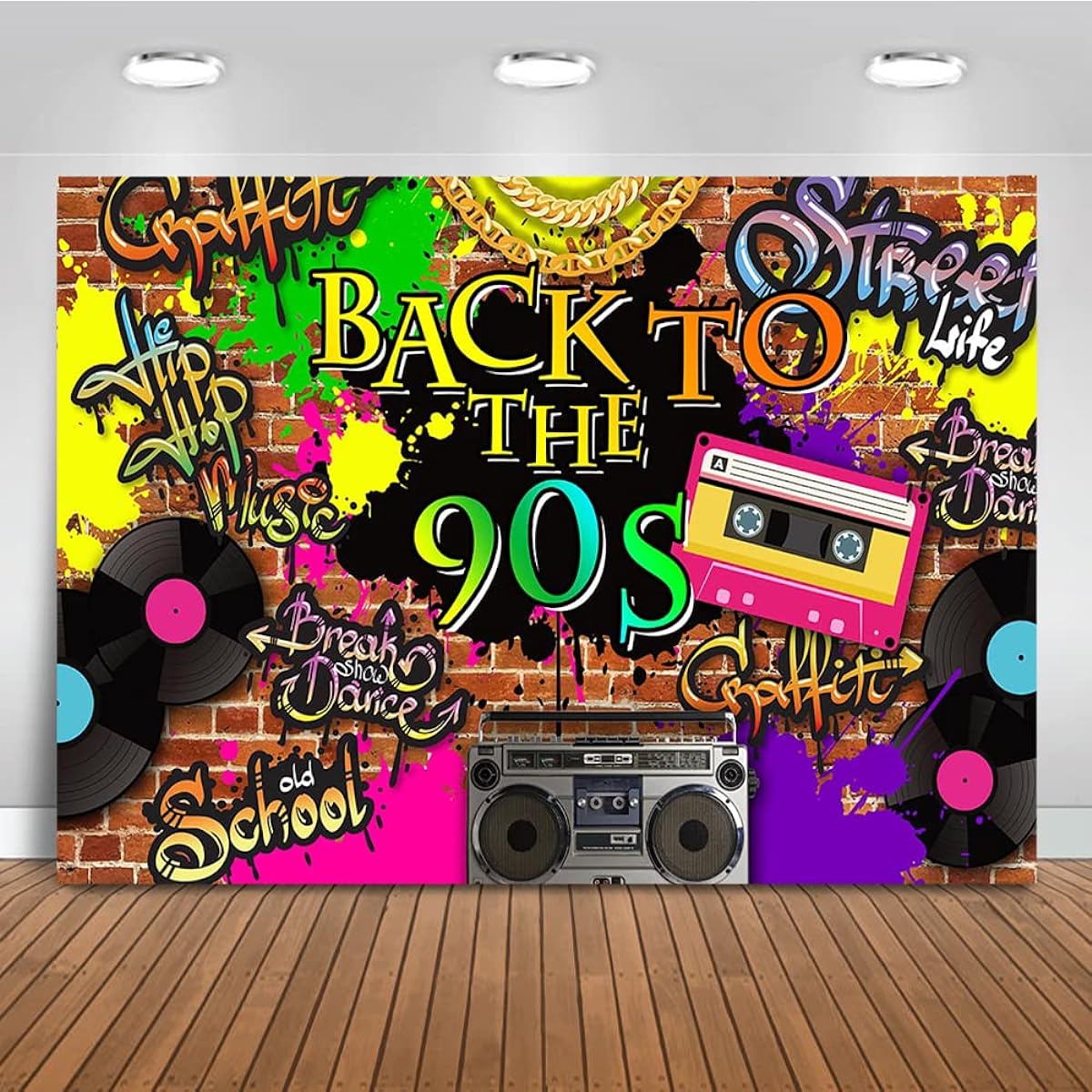 Mehofoto 90s Backdrop Hip Hop Graffiti Brick Wall Retro Radio Fashion Photography Background 7X5FT Vinyl 90s Theme Party Banner Decorative Backdrop