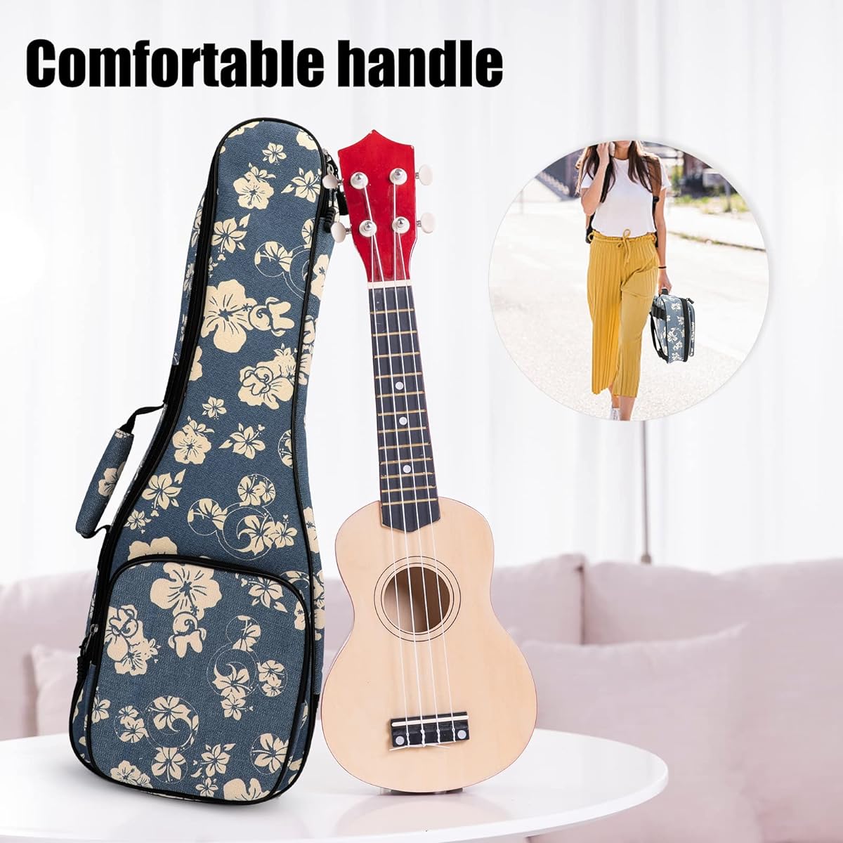 MUINS Ukulele Bag 21 23 26 Ukulele Case Thick Padded for Soprano Concert Tenor Uke with Double Adjustable Straps and Handles (23 Blue Flowers)