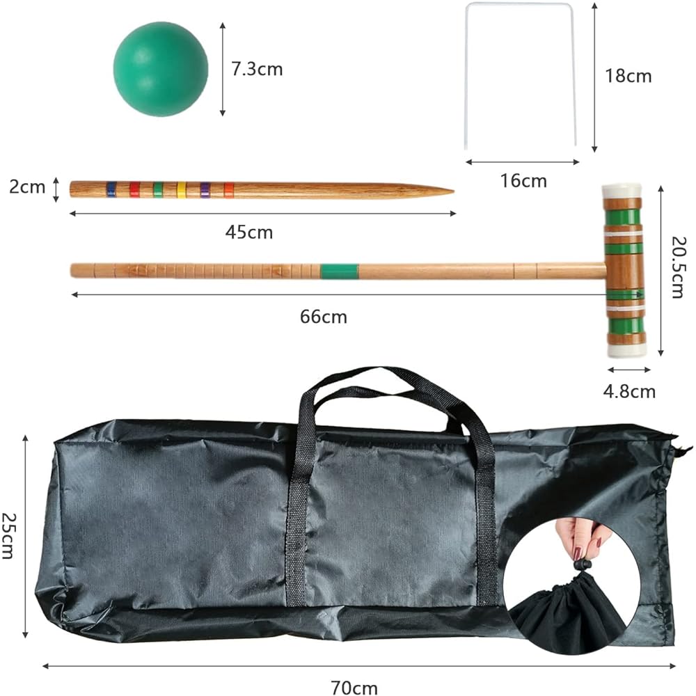 aleawol Kids Beginner Gateball Stick Head Case Set Wooden Croquet Set for 6 Players with Mallets, Colored Balls, Wickets, Stakes and Tote Bag Classic Backyard Lawn Recreation Game Suitable for Adults Kids Family