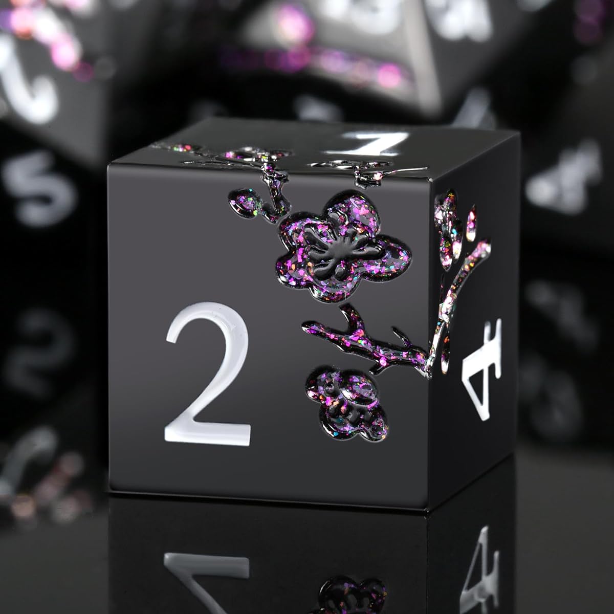 DNDND Glitter Purple Metal D&D Dice 7 Pieces Flower Metallic DND Dice Set with Giant Gift Case for Dungeons and Dragons Tabletop Game (Matte Black Glitter Purple Flower)