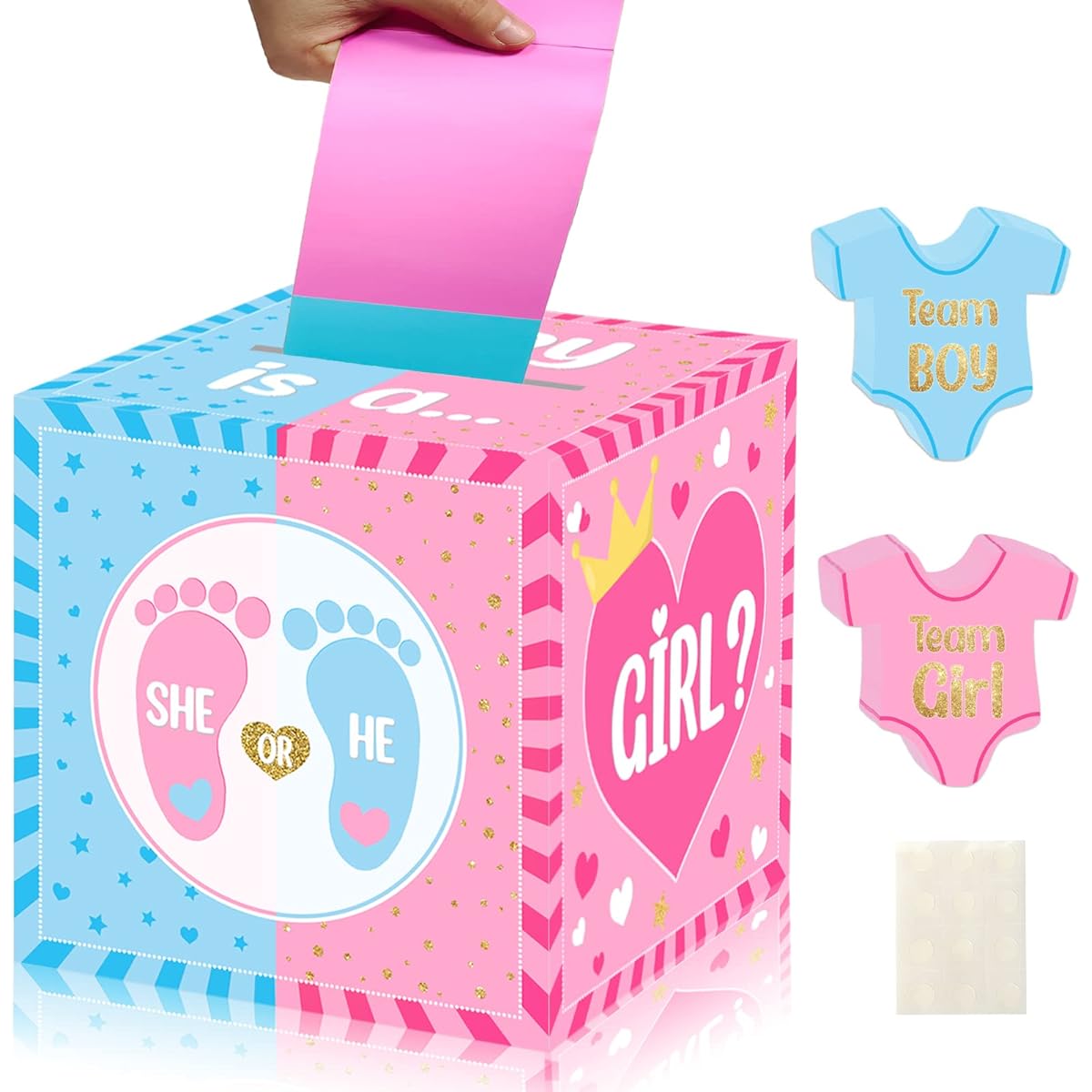 hongpar Baby Gender Reveal Pull Out Game Ballot Box with 60 Voting Cards Boy or Girl Party Supplies Pink and Blue