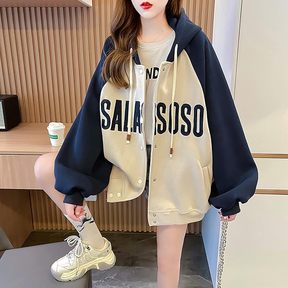 [MMTYRM] Zip Up Parka Women's Hooded Sweatshirt Stylish Jacket Big Silhouette Tops Bicolor Women's Loose Hoodie Large Size Parka