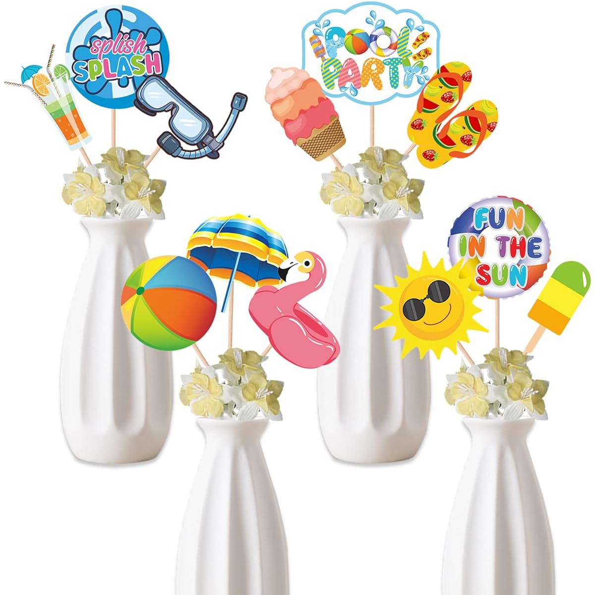 PTFNY 24 Pieces Summer Pool Party Centerpiece Sticks Fun Sun Beach Ball Flamingo Slippers Ice Cream Summer Birthday Party Table Toppers Summer Hawaiian Splash Splash Beach Pool Party Decorations Supplies