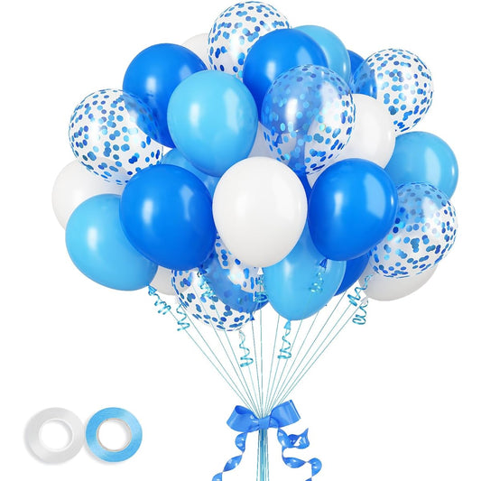60pcs Blue Balloons 12inch Blue White Birthday Balloons with Blue Confetti Balloons Light Blue Party Balloons White Blue Latex Balloons Party Decorations for Wedding Birthday Baby Shower Party