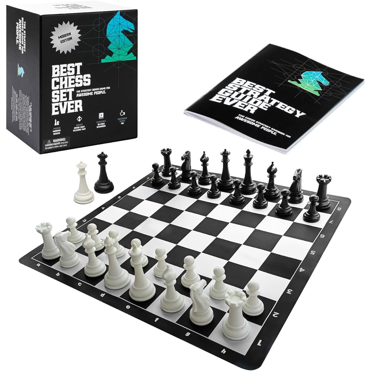 Best Chess Set Ever 1x Modern, Tournament Chess Set with 20” x 20” Foldable Silicone Board and Single Weighted Modern Style Pieces, Packs and Travels Easy, Modern Singleweight Edition.