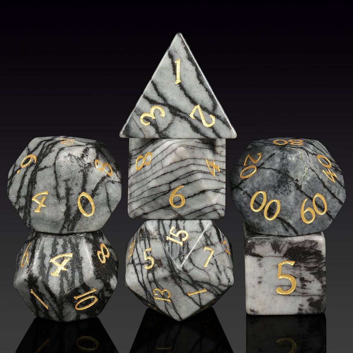 Rough Black Network Jasper Dice DNDND Full Set Natural Stone DND Dice Set with Globy Gift Case for Dungeons & Dragons & Tabletop Games (Network)