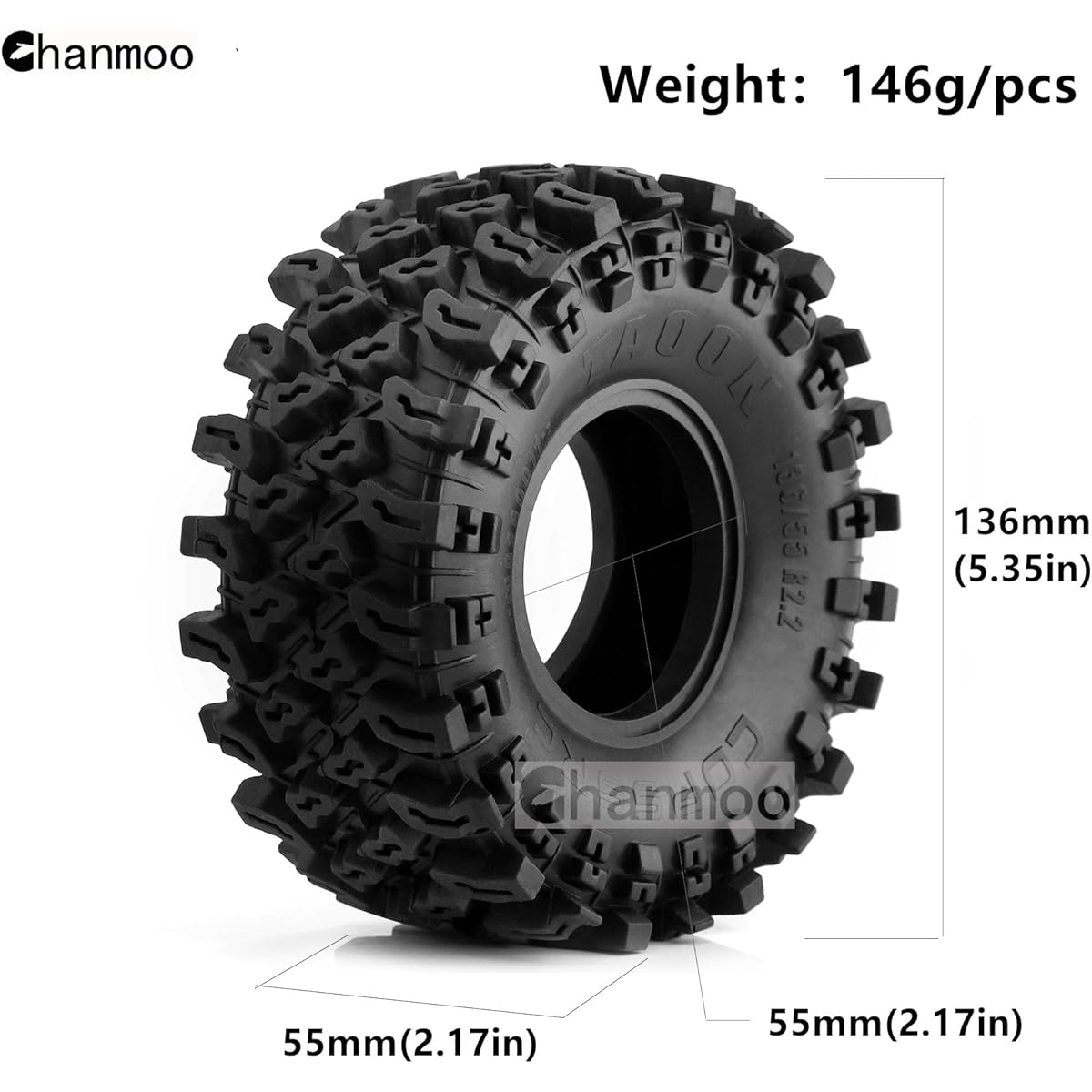 Chanmoo 2.2 RC Crawler Tires 1/10 RC Rubber Slinger Grappler Mud Wheel Tires for 1:10 Scale Rock Crawler Car Axial SCX10 90047 D90 TF2 Tamiya CC01 Traxxas TRX4 2.2" Beadlock Rims 4pcs