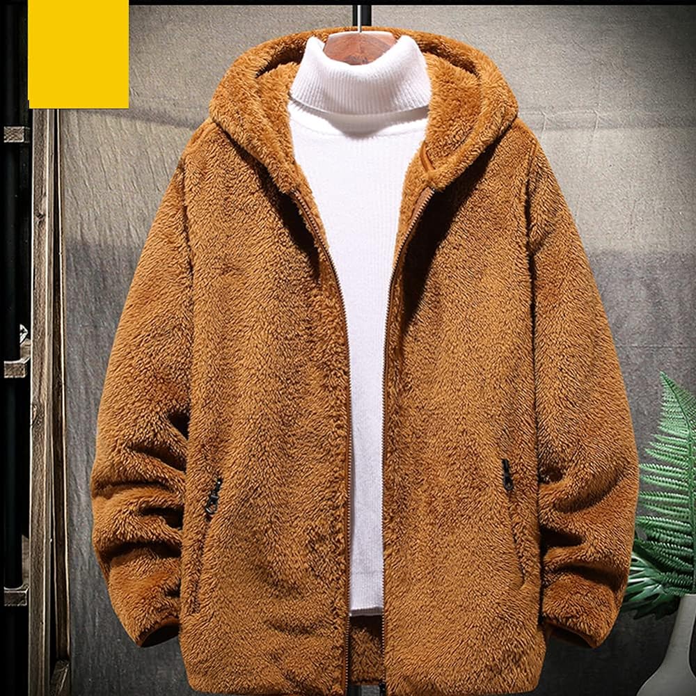 [Anzn] Fleece Jacket, Boa Jacket, Men's Parka, Men's, Brushed Lining, Cold Weather Sweatshirt, Men's, Hooded, Warm, Winter, Loose, Soft, Fashion, Casual Cardigan, Men's, Thick, Warm, Stylish, Large Size