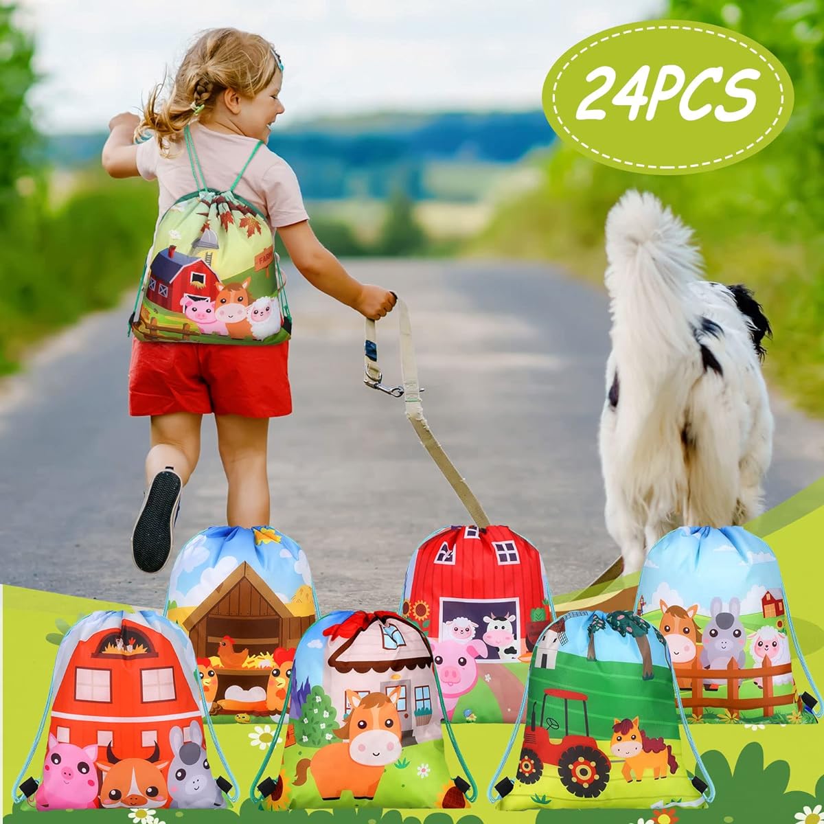 24 Pack Farm String Bags 12 x 10 Inch Farm Animals Party Favors Gift Bags Farm Birthday Party Supplies Farm Animals Backpack Drawstring Pouches Wraps Goodie Bags for Kids Girls Boys Travel Decor