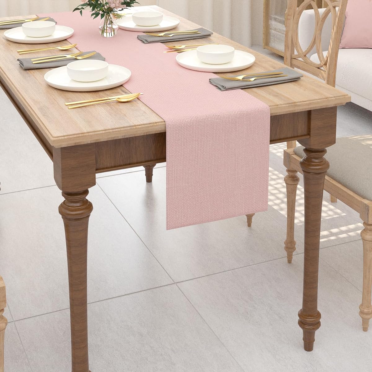Soft Caddice Faux Linen Table Runner, 2 Sides, for Family Dinners, Gatherings, Indoor or Outdoor Parties, Everyday Use (12 x 108, Seats 8-10), Baby Pink