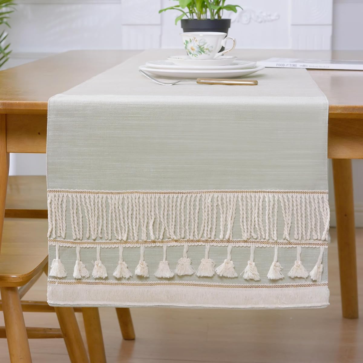 Ceconcert Table Runner Cotton Boho Table Runner Home Decor 82" Length Farmhouse Rustic Table Runner for Holiday Party Wedding and Dining Decor 15 x 82" Gold