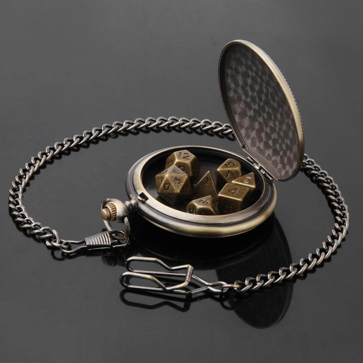 Famard 10mm Small DND Dice Set with Vintage Pocket Watch Shell Case Polyhedral Metal D&D Dice Set Dungeons & Dragons Gifts RPG MTG Games Role Playing Board Games Made of Bronze