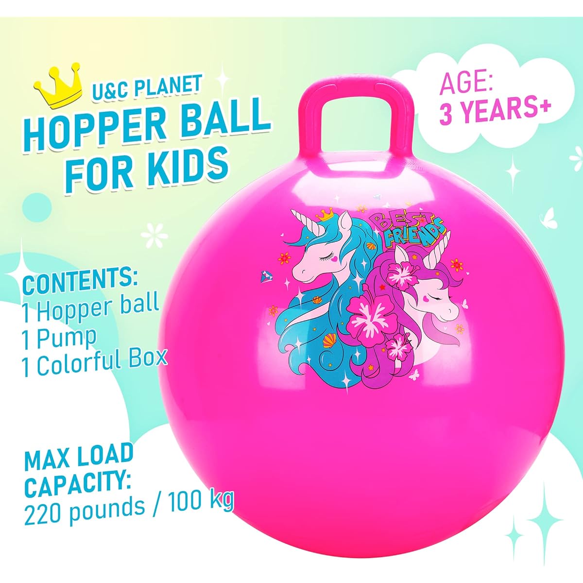 U&C Planet Jump Ball Hopper Ball Bouncy Ball with Handle for Kids 3-6 5-9 7-12 Sit and Bouncy Hopping Ball with Pump 18 20 22 Inch