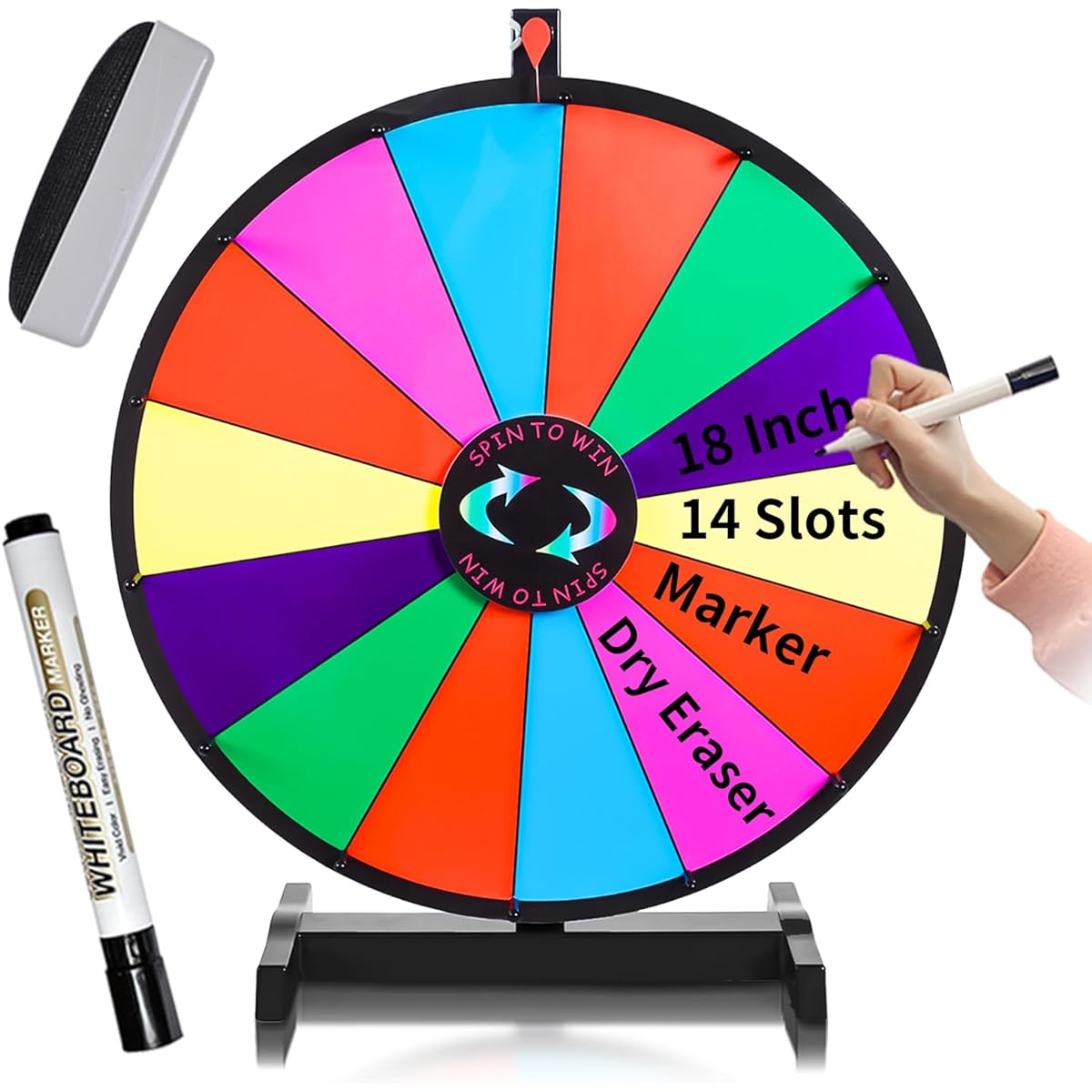 iElyiEsy 18" Spinning Wheel Prize 14 Slots Tabletop Prize Wheel Spinner with Stand Dry Erase Marker Eraser for Trade Show Carnival Party Pub Fortune Game