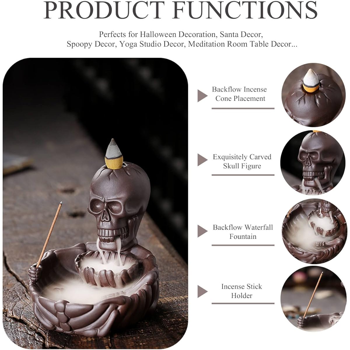 Skull Decor Backflow Incense Burner Waterfall Incense Holder with 20 Cones Ceramic Gothic Smoke Fountain Halloween Christmas Birthday Gift
