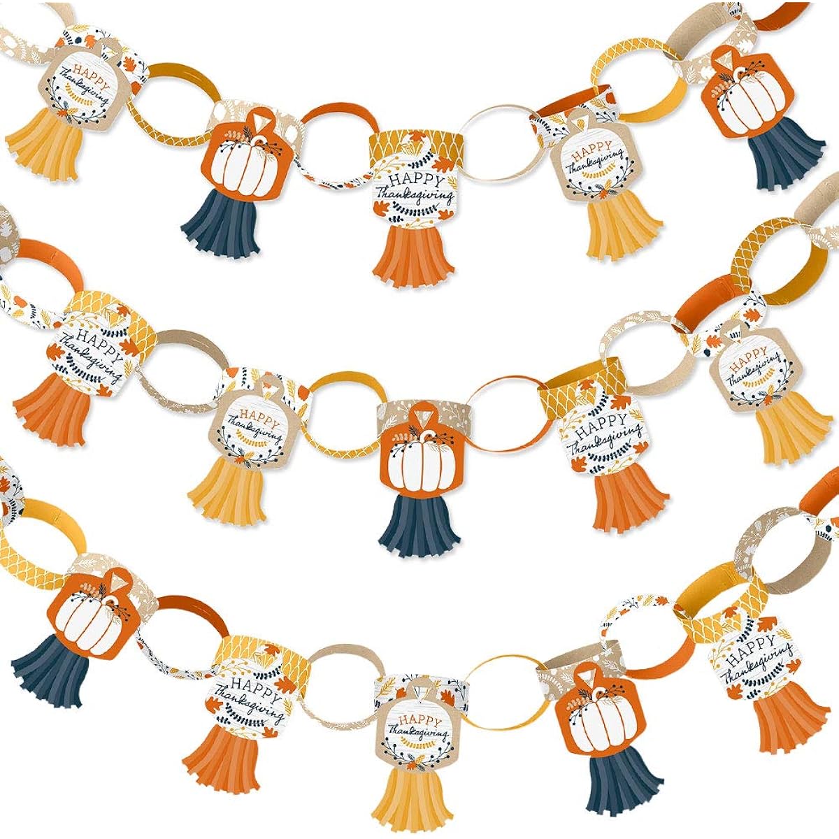 Big Dot of Happiness Happy Thanksgiving - 90 Chain Links and 30 Paper Tassels Decoration Kit - Fall Harvest Party Paper Chain Garland - 21 Feet