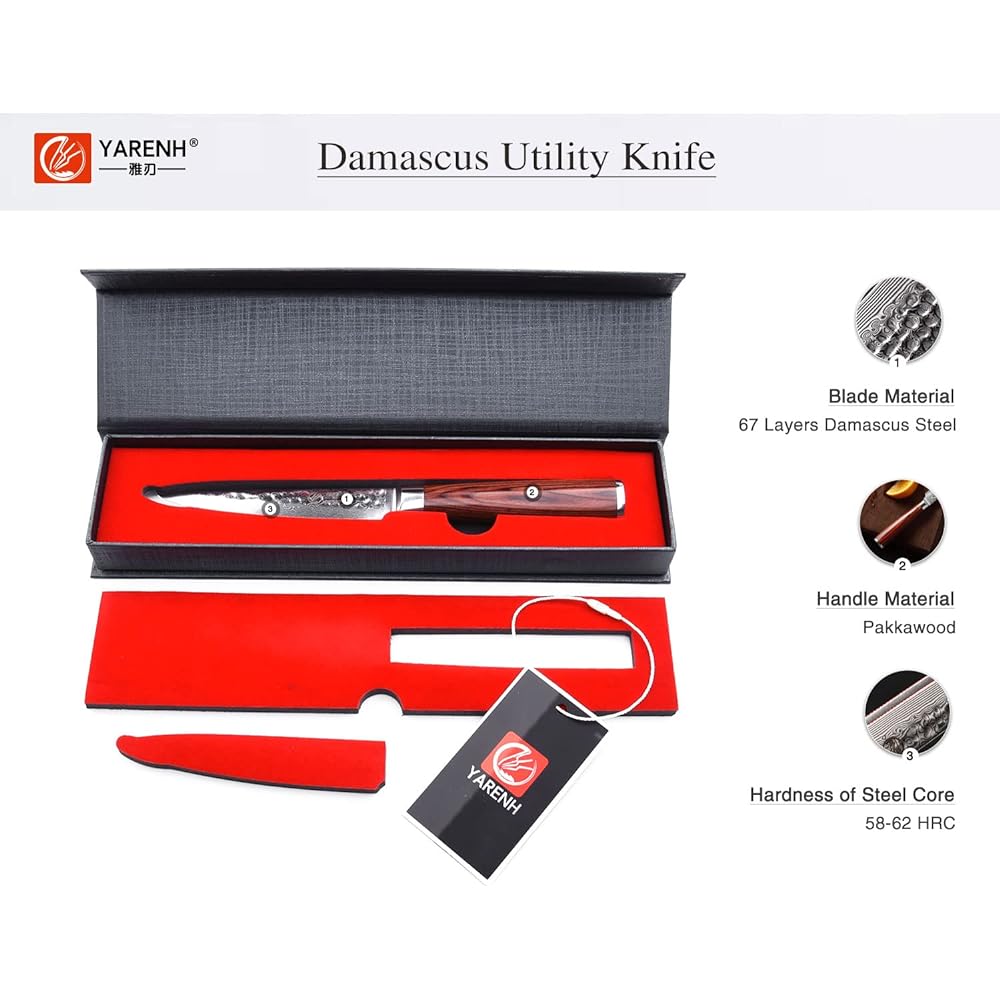 YARENH Gift Wrapping Knife, High Quality Western Knife, Damascus Knife, 120mm Yarenh Universal Knife, Damascus 67 Layers, Sharp Sharp Integrated Structure, Handle, Household Gift