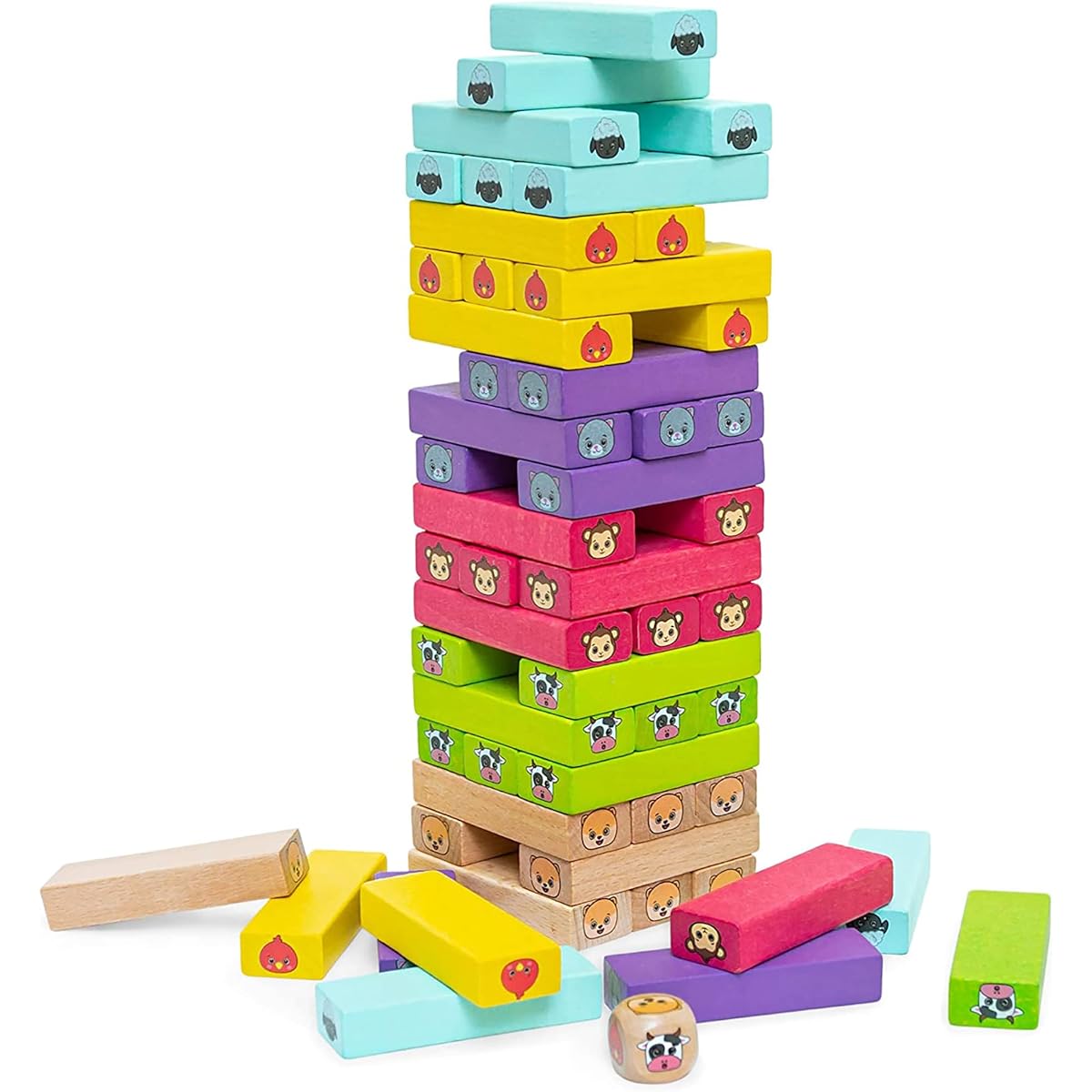 Bimi Boo Stacking Game for Kids Ages 3+ Wooden Tumbling Tower Game with Animal Face Patterns and Dice, Set of 54 Colors, Tumbling Towers, Tumbling Blocks