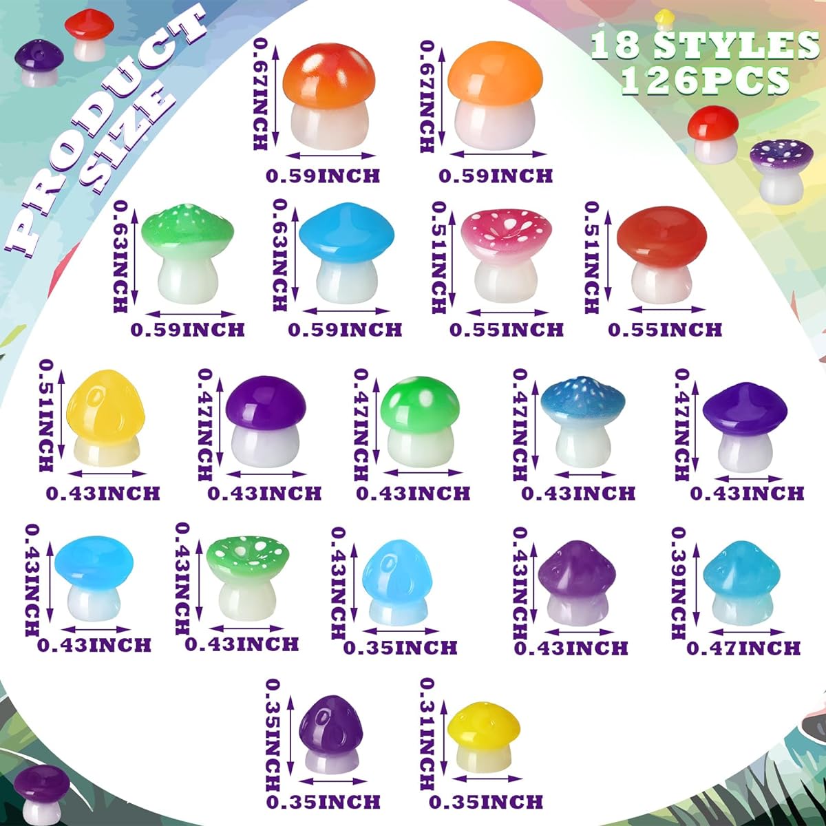 RoundFunny 126Pcs Mini Resin Mushrooms Luminous Mini Mushrooms Glow in the Dark Ornaments Miniature Cute Garden Accessories Micro Landscape Decorations Dollhouse Aquarium DIY Crafts Party Decor
