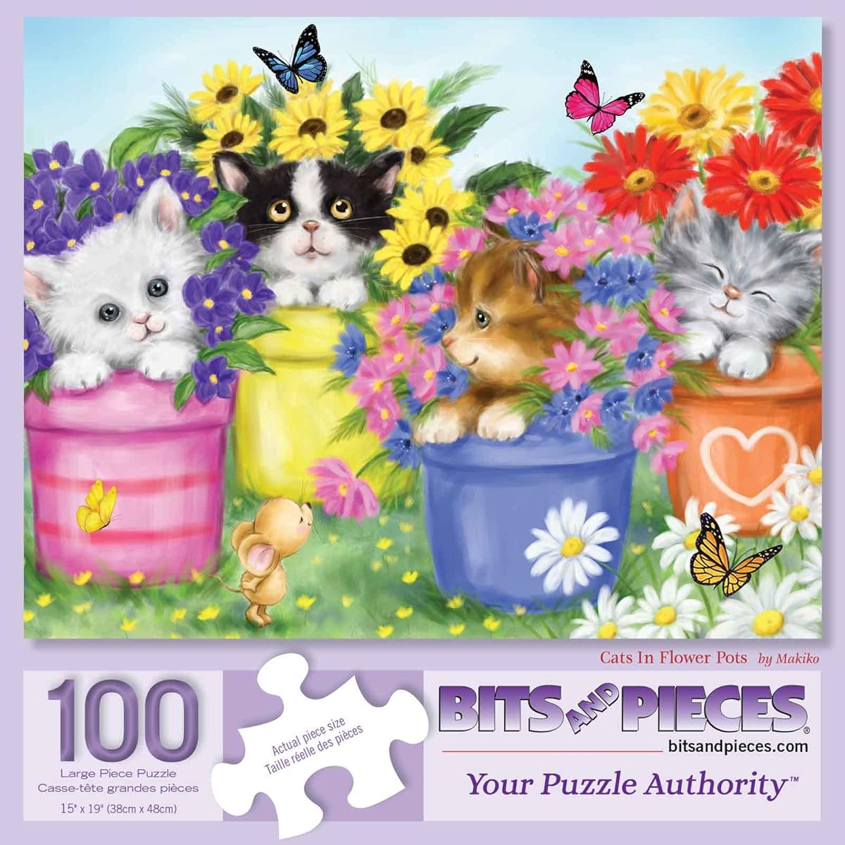Bits and Pieces - 100 Piece Jigsaw Puzzle for Adults 15" x 19" - Cat in a Flower Pot - 100 Piece Kitten Colorful Bloom Butterfly Sweet Cute Garden Jigsaw Puzzle by Artist Makiko
