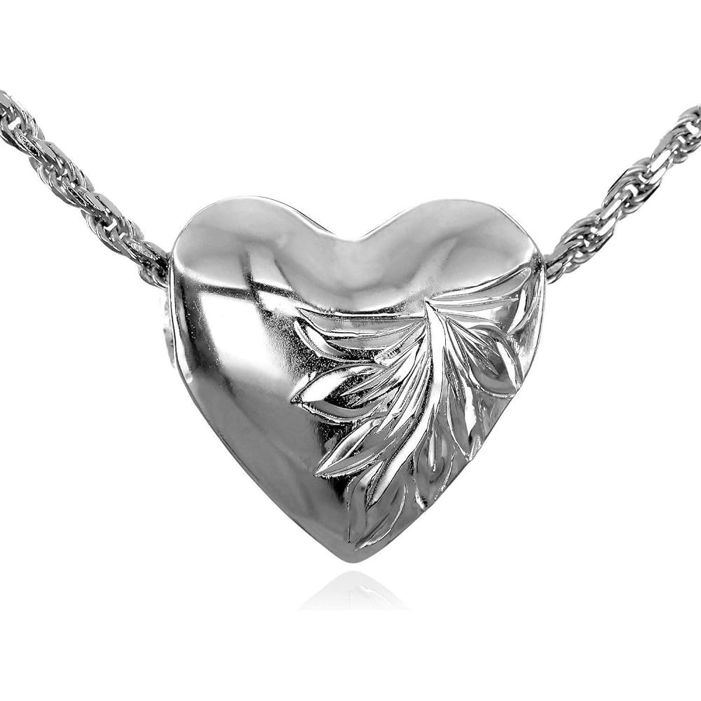 [Leilani] Hawaiian Jewelry Heart Reversible Plumeria & Scroll (Wave) Engraved Pendant Necklace Silver 925