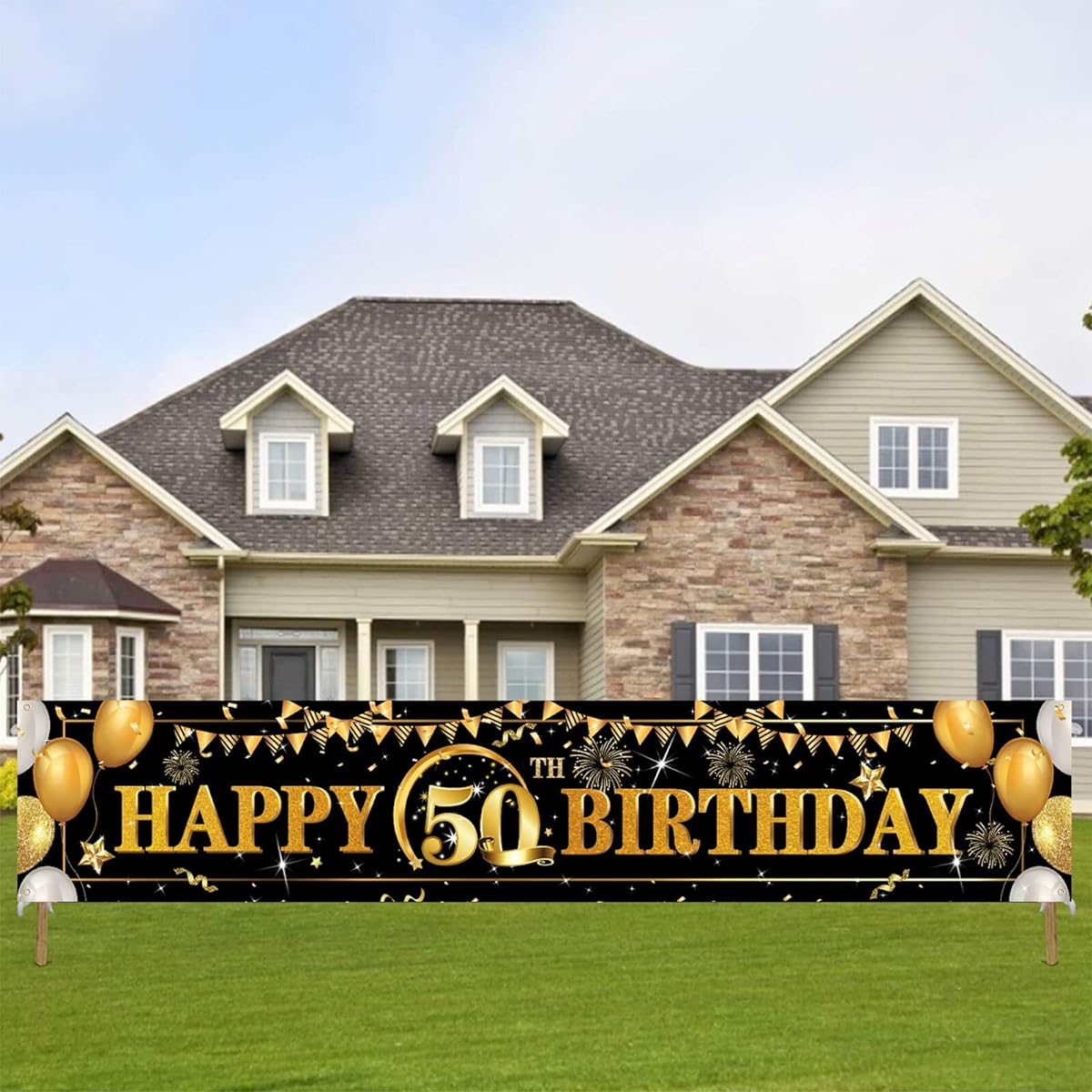 Domgoge Happy 50th Birthday Decoration Banner Large Black and Gold Happy 50 Years Birthday Banner Sign 50th Birthday Party Decorations Supplies 15.7"x82.7"