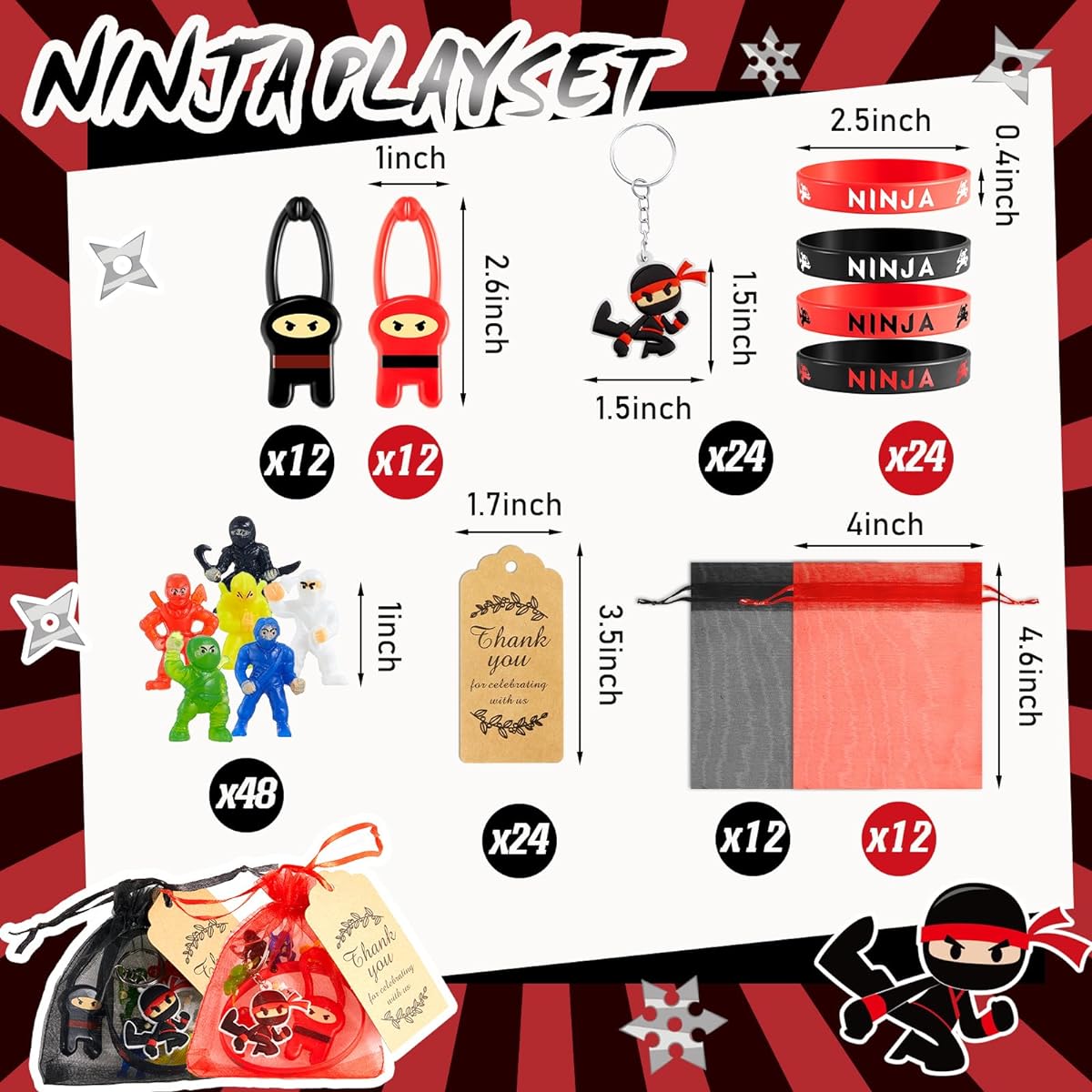 Libima 168 Pieces Ninja Party Favors Karate Birthday Party Supplies Ninja Toys 48 Small Ninja Figures 24 Flying Ninja Toys 24 Silicone Bracelets 24 Key Chains 24 Organza Bags 24 Thank You Cards