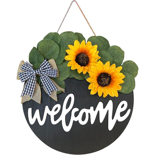 Whesamy Sunflower Welcome Wreath Sign Front Door Porch Decor Farm Round Rustic Wood Hanging Spring Summer Decorations for Home Indoor Outdoor Housewarming Gift