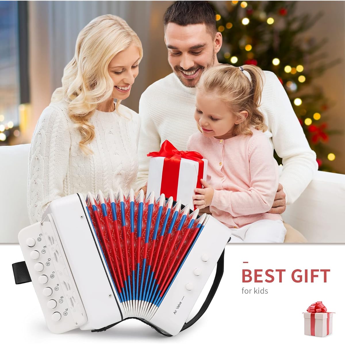 Button Accordion 10 Key Control Accordion with 3 Air Valves Easy to Play Lightweight Eco-Friendly for Toddler Development (White)